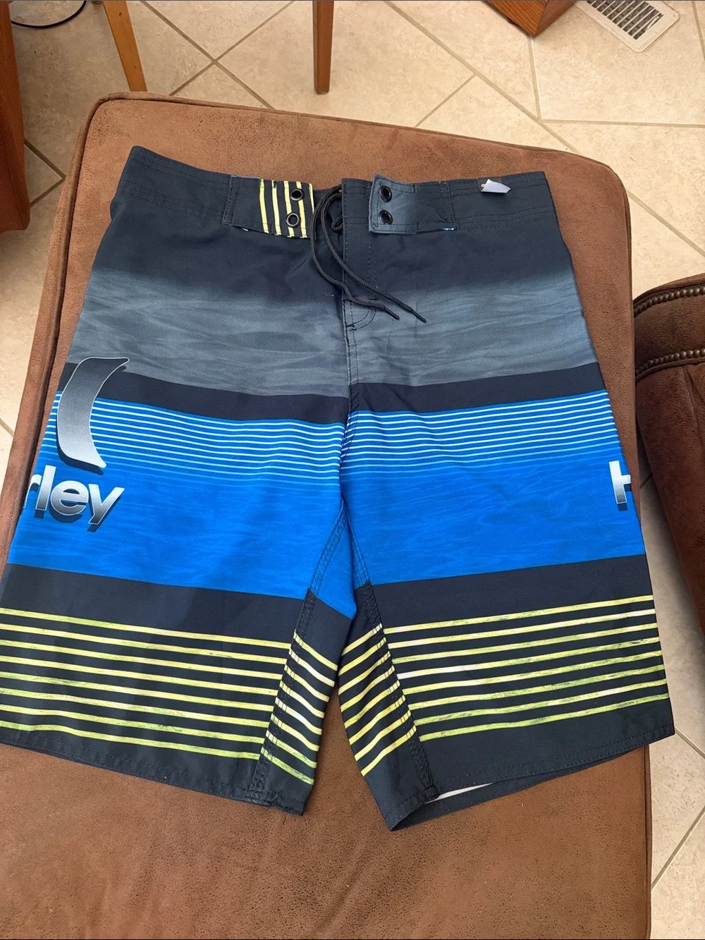 Hurley Men’s Blue and Black Gradient Stripe Board Shorts with Yellow Accents
